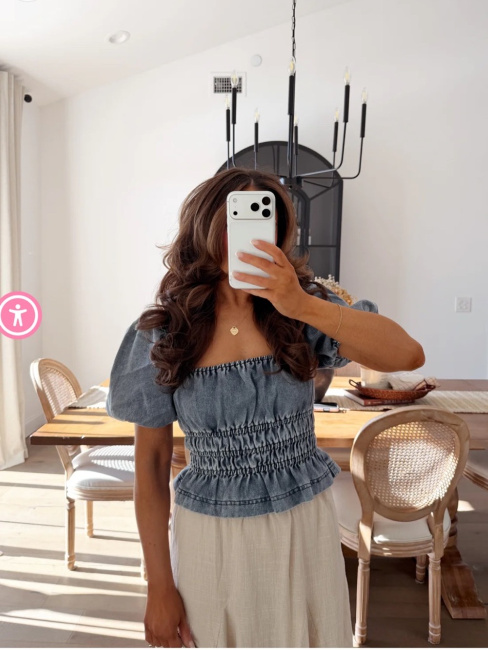 Shop YDS Olivaceous Blue Smocked Puff-Sleeve Denim Blouse